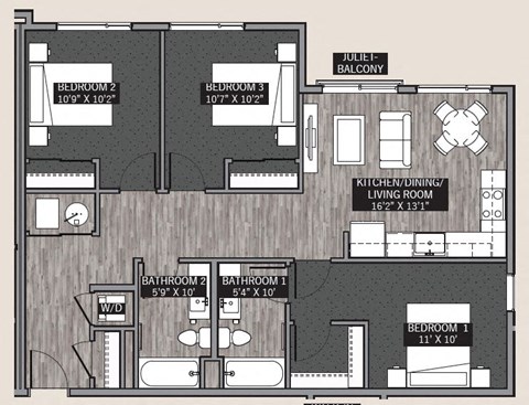Floor plan for 3 beds, 2 baths, 1100 sqft